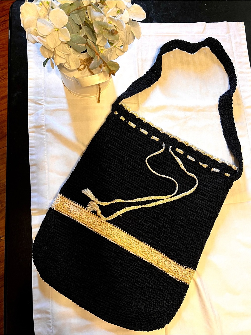 Handmade Black & Cream Knit Shoulder Bag